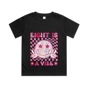 Eight is A Vibe Birthday Groovy 8 Year Old Girl 8th Birthday Cotton T-shirt, Graphic Print Round Neck Short Sleeve Casual Tee for Boys Girls Funny Music Tee