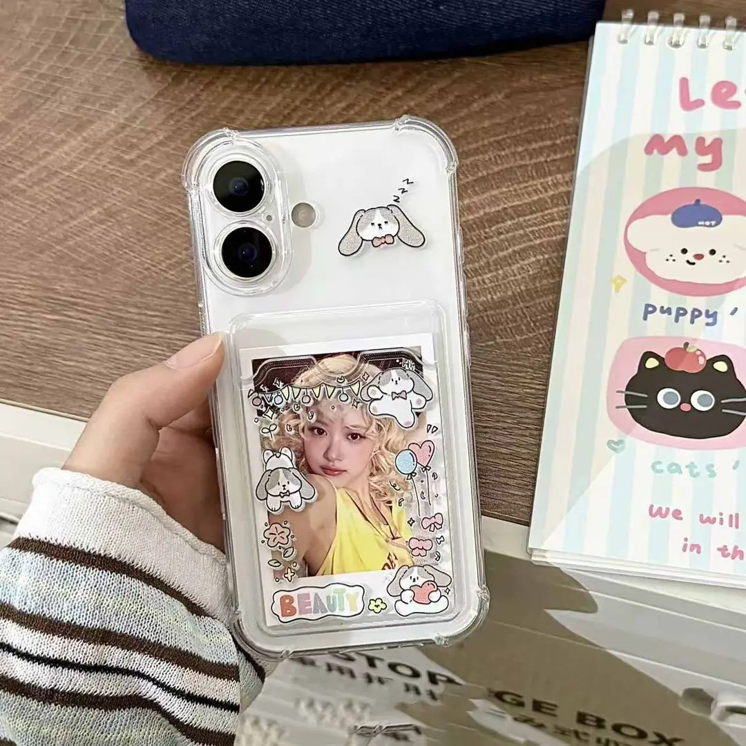 Cartoon dog transparent card holder phone case, compatible with iPhone 17/16/15/14/13/12/11/PLUS/PRO/PROMAX and Samsung S21/S22/S23/S24/S25/FE/ULTRA/A55/A56/A12/A14/A15/A16/A32/A33/A34 models. A perfect holiday gift for your partner or daughter.
