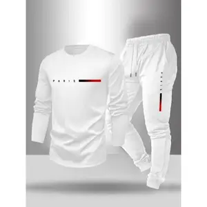Men'sLongSleeveT-shirtandPantsSet,Spring/Autumn2pcssetwithParisletterprintroundnecklongsleeveT-shirt+drawstringoutdoorcasualsportspantssetof2mensfashionClothesFabricActivewearPolyester