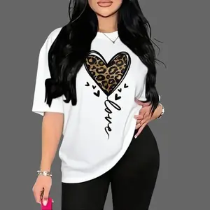 Women's Heart & Leopard Print Drop Shoulder Tee, Summer Graphic Tees Women, Casual Half Sleeve Round Neck Top for Daily Wear, Graphic Tees, Ladies Clothes for All Seasons, T Shirts for Women, Women's Clothing, Womenswear country concert outfits