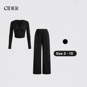 Cider [size 2-10] V-neck Solid Ruched Long Sleeve Crop Top & Mid Rise Solid Wide Leg Trousers Set