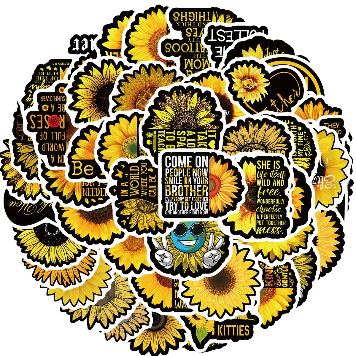 Sunflower Pattern Sticker, 50pcs/set Waterproof Self Adhesive Decor Paper, Decor Sticker for Gift Greeting Card Water Bottle Laptop Phone, Ornaments
