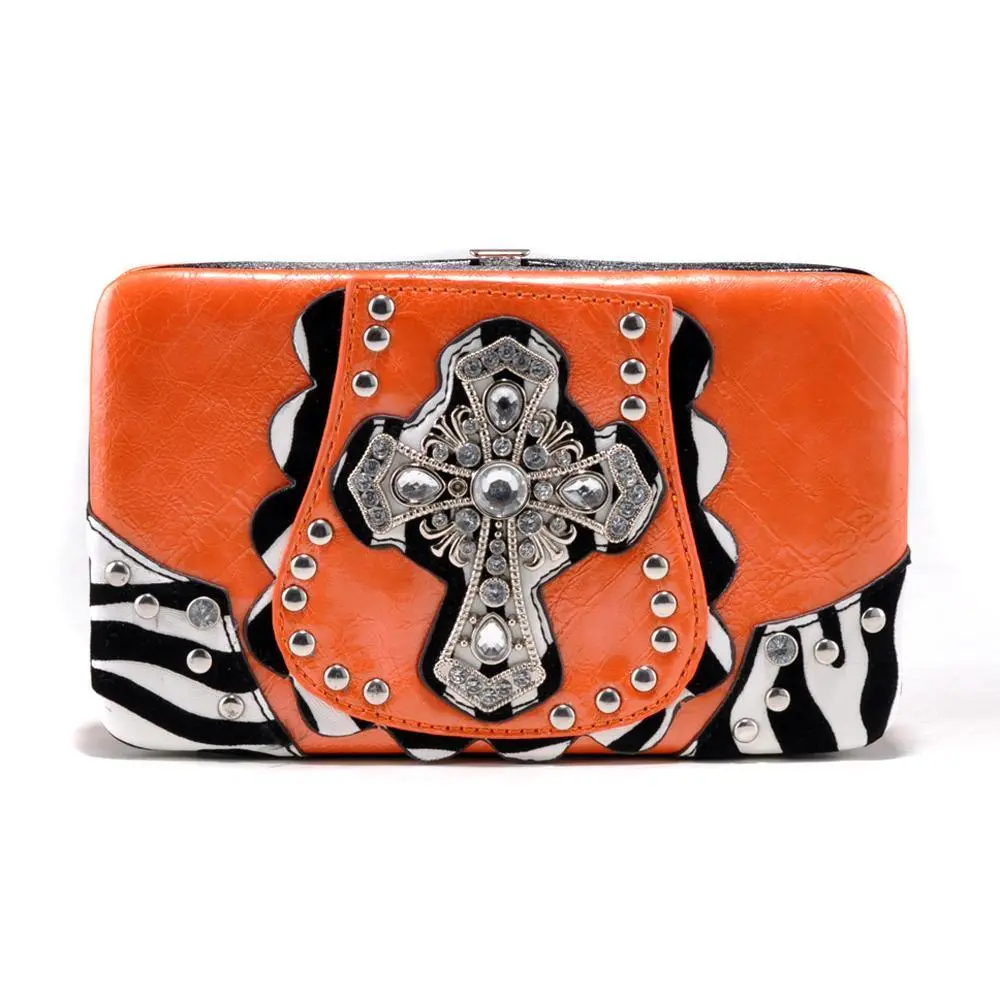 Rhinestone Cross Frame Wallet with Zebra Trim and Studs