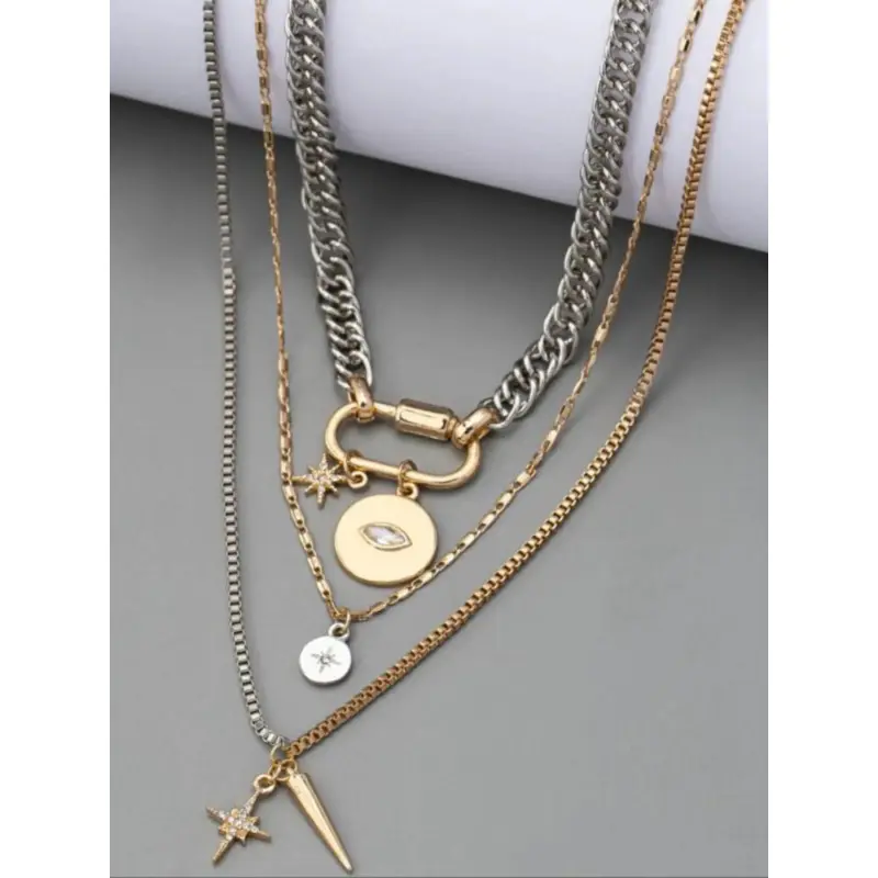 Metal Simple Two-Color Layer Necklace with Eye Pendant Stainless Steel Multi-Layer Stacking Jewelry for Women Fashionable Versatile Daily Wear Back-to-School Season Dainty Layering