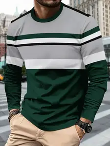 Men's Long Sleeve Round Neck Shirt, Deep & Stripes, Lightweight Polyester Blend, Casual Fit, Fitted, Ideal for Daily Wear