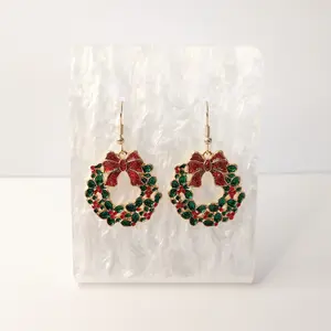 #235 Green Glitter & Red Rhinestone Wreath with Red Glitter Bow Earrings- Casual Christmas Winter Jewelry