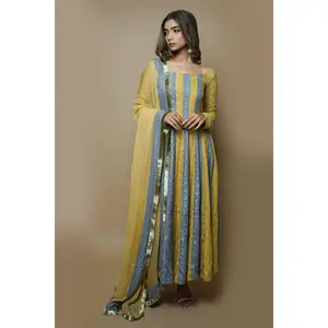Yellow-Grey Chikankari Anarkali Set (Set Of 3)