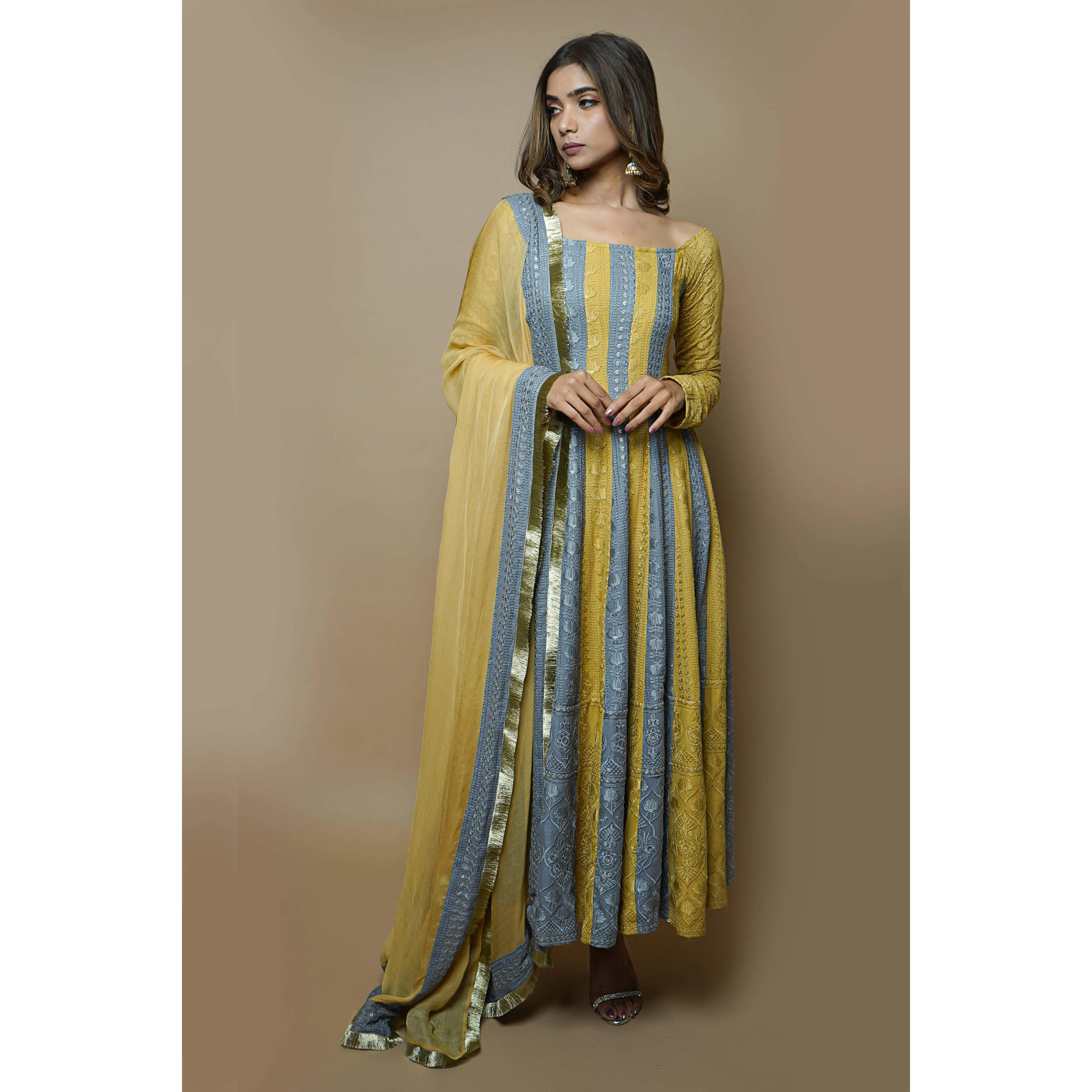 Yellow-Grey Chikankari Anarkali Set (Set Of 3)