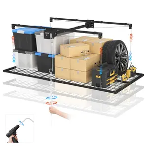 Overhead Garage Storage Rack Lift – 4x4 ft, Adjustable Ceiling Mounted Metal Organizer, Safety Lock, 350 lbs Capacity, Max 79 in Lifting Height, for Garage Organization