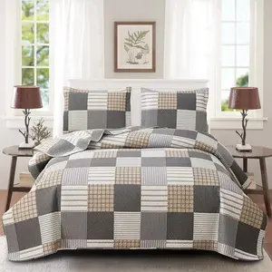 Brown Black Plaid Bedding Sets, 3 count  Size Quilt Bedspread Checked Patchwork Print Coverlets Bedcover Reversible Bed Cover Country Bedroom Decor(68"x 86")