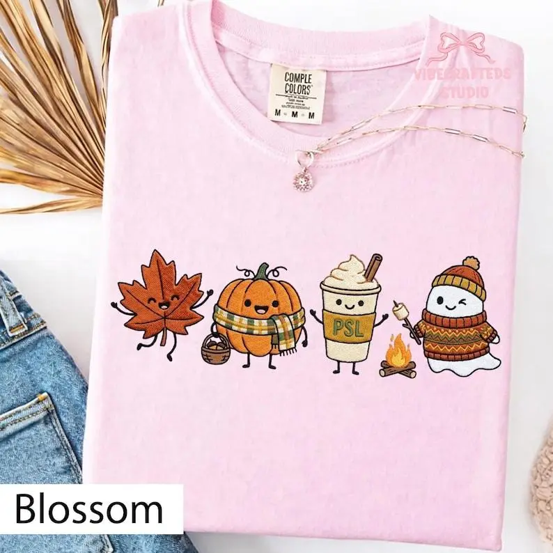 Cute Fall doodles Embroidered Shirt, Autumn Doodle Embroidery Tee, Pumpkin Ghost PSL Comfort Colors Shirt, Cozy Halloween Fall Gift