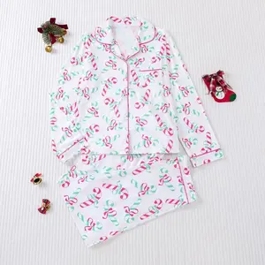 Women's Christmas Candy Print Casual Pajama Set, Top with Pocket Detail, Lapel Neckline, Long Sleeve, and Matching Trousers, Suitable for Christmas Holiday Homewear Outfit