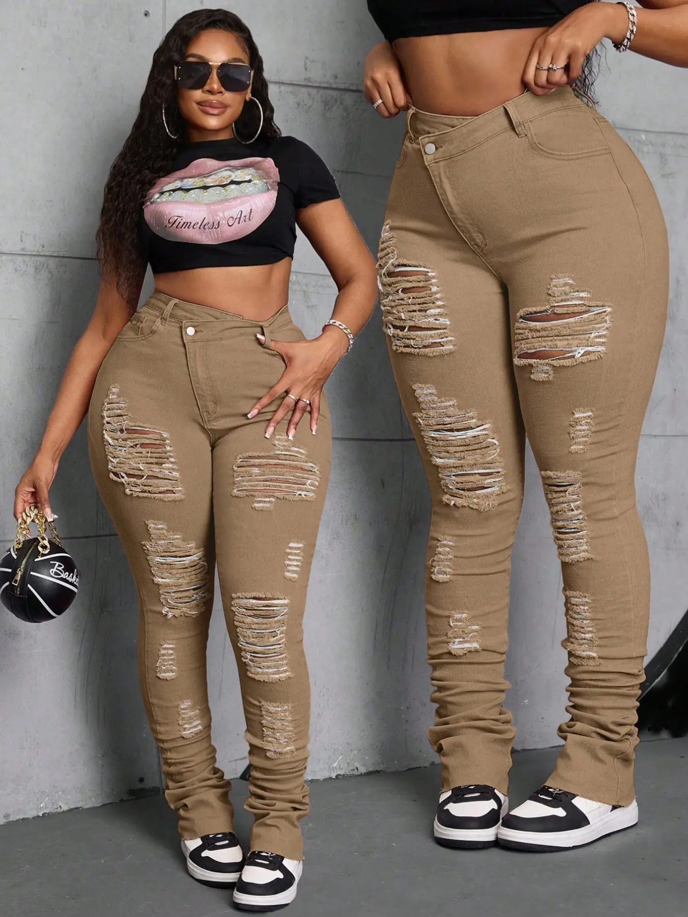 Women's Denim Jeans Slim Fit Elastic Ripped Asymmetrical Pants, Fashionable Long Stackable Bottoms, Casual Daily Wear