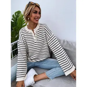 Women’s colorblock striped print button-front drop-shoulder sweater, casual long-sleeve crewneck jumper for fall and winter, fashionable ladies’ knitwear for daily wear — gift