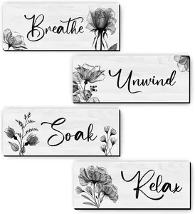 4 Pieces Bathroom Wall Art Rustic Farmhouse Decor Sign Relax Soak Unwind Breathe Wood Hanging Sign for Home Spa Bathroom Laundry Décor