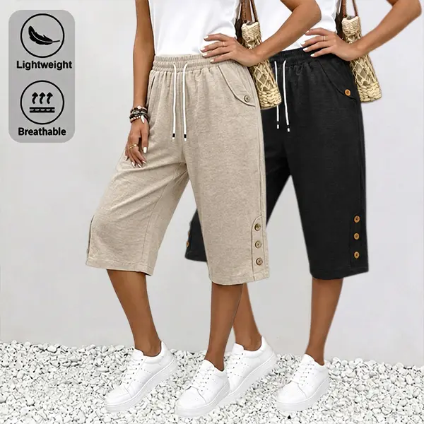 2-pack spring/summer versatile capris with button detailing, comfortable elastic waistband, and pockets—casual pants suitable for work, commuting, and outdoor activities