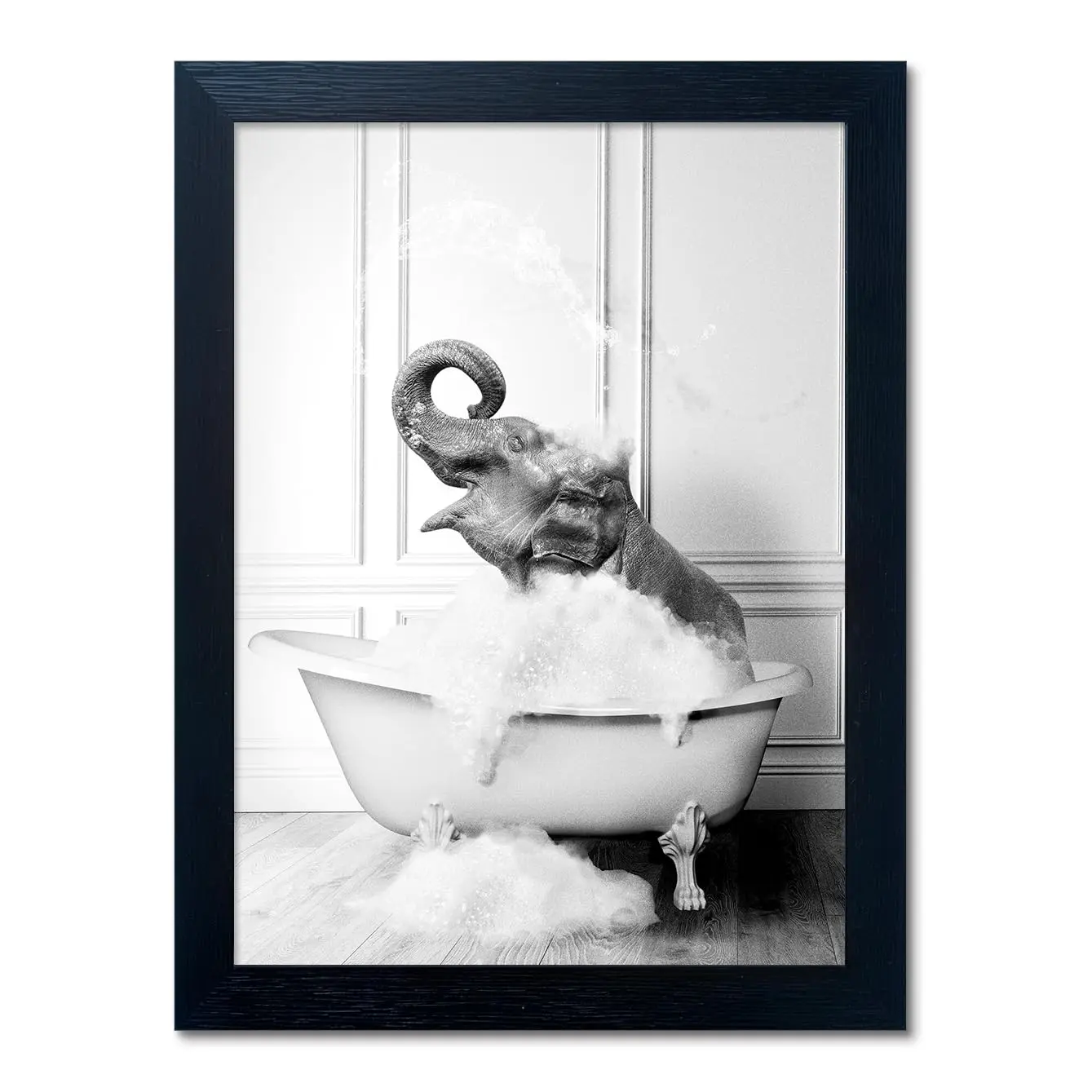Vintage Black and White Cute Elephant Blowing Bubbles in Tub Poster - Home Decor, Funny Bathroom Restroom Canvas Art Prints for Wall Decoration
