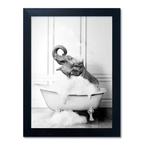 Vintage Black and White Cute Elephant Blowing Bubbles in Tub Poster - Home Decor, Funny Bathroom Restroom Canvas Art Prints for Wall Decoration