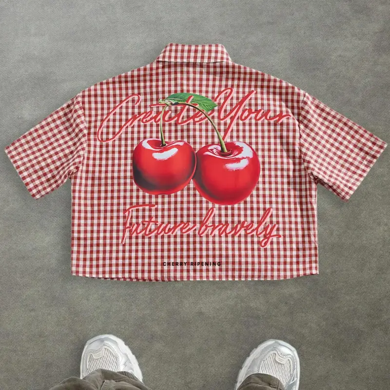 Unisex Cherry Print Short Sleeve Graphic Shirt, Casual Trendy Shirt, Loose-Fit Y2K Retro Vibe Summer Casual Top, Multiple Colors Available, Casual Outings Shirt