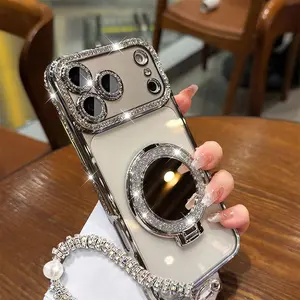 Women's Phone Case with Mirror & Stand for iPhone 17 Pro Max Plus Air/16/15/14/13/12/11 . Features a shiny frame, high-definition transparent material, and full-body drop-resistant design.