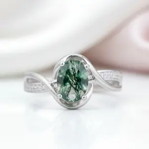 1.3Ct Oval Cut Natural Moss Agate Twist Engagement Ring