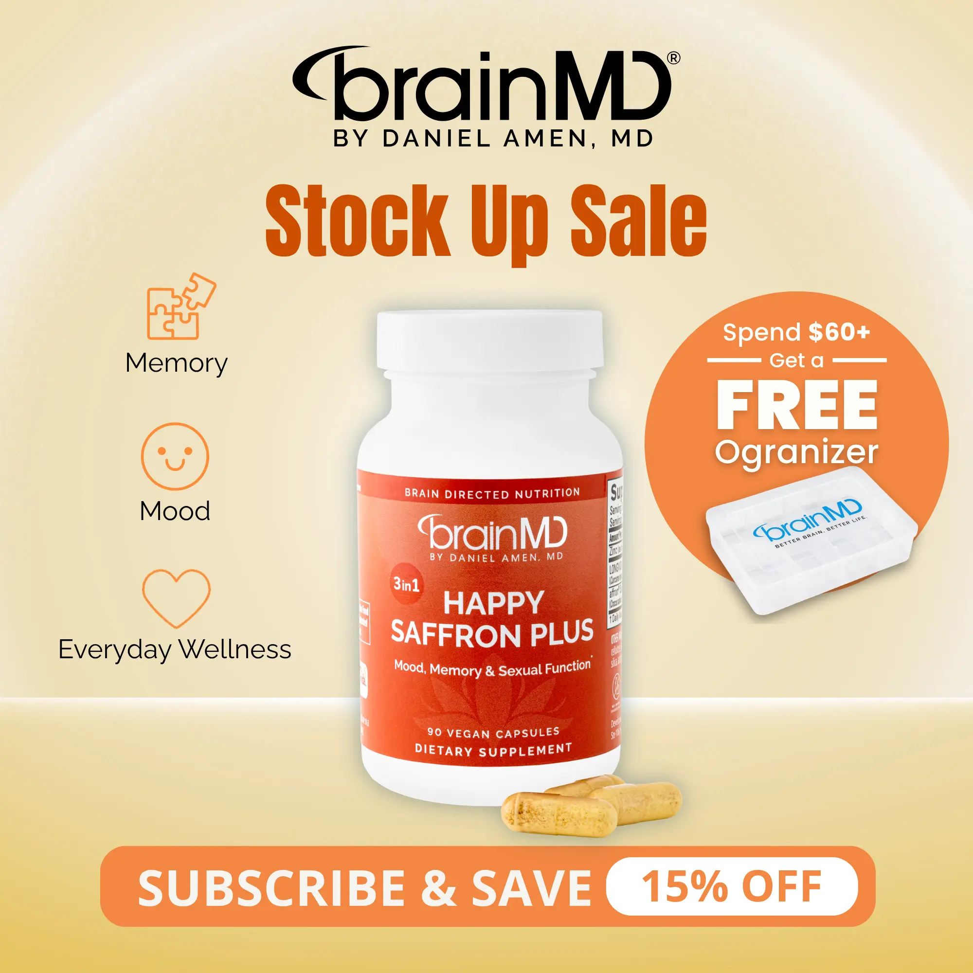 Happy Saffron Plus | BrainMD | 90 Capsules | Powerful 3 in 1 Mood & Stress Support | Memory & Focus Support | Affron Saffron Extract with Curcumin & Zinc