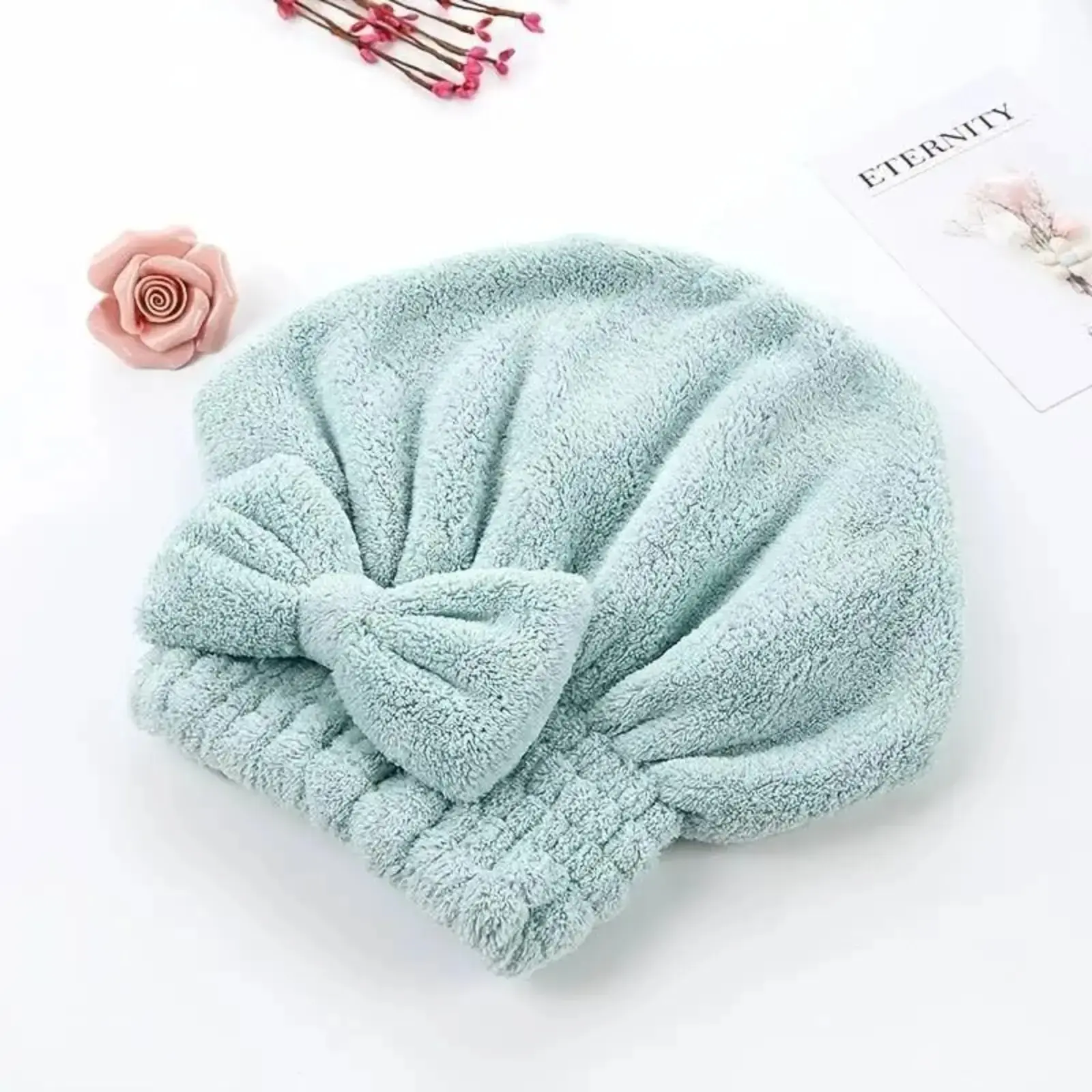 Women’s Microfiber Hair Towel Wrap & Shower Cap Set, Quick Dry Ultra Absorbent Reusable Hair Drying Turban with Bow Design, Soft Spa & Travel Essential for Long Hair, Gym, Camping and Daily Self Care