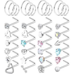 YADOCA 36Pcs 18G 20G Surgical Steel Nose Stud Nose Ring Nose Piercing Nose Hoop Ring L Shaped Silver Nose Studs Hypoallergenic CZ Opal Heart Star Nose Piercing Jewellery for Women Men