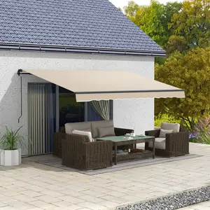 Manual crank retractable awning beige 13x10 ft fade water resistant multi surface mounting for window door exterior