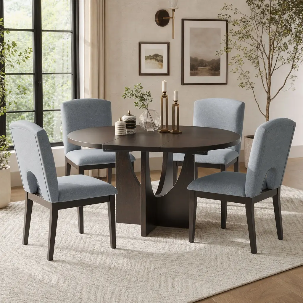 5-Piece Round Dining Table Set with 16.2in Removable Leaf Extendable Table and 4 Upholstered Chairs Solid Rubberwood Espresso Dining Room Furniture Set for Small Spaces Seats 4 Pedestal Base Contemporary, Espresso Color Options