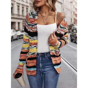 Women's Colorblock Stripes Print Open Front Cardigan, Casual Pocket Raglan Sleeve Knitwear For Spring & Fall, Women's Knit Clothing For Daily Wear, Premium Fabric