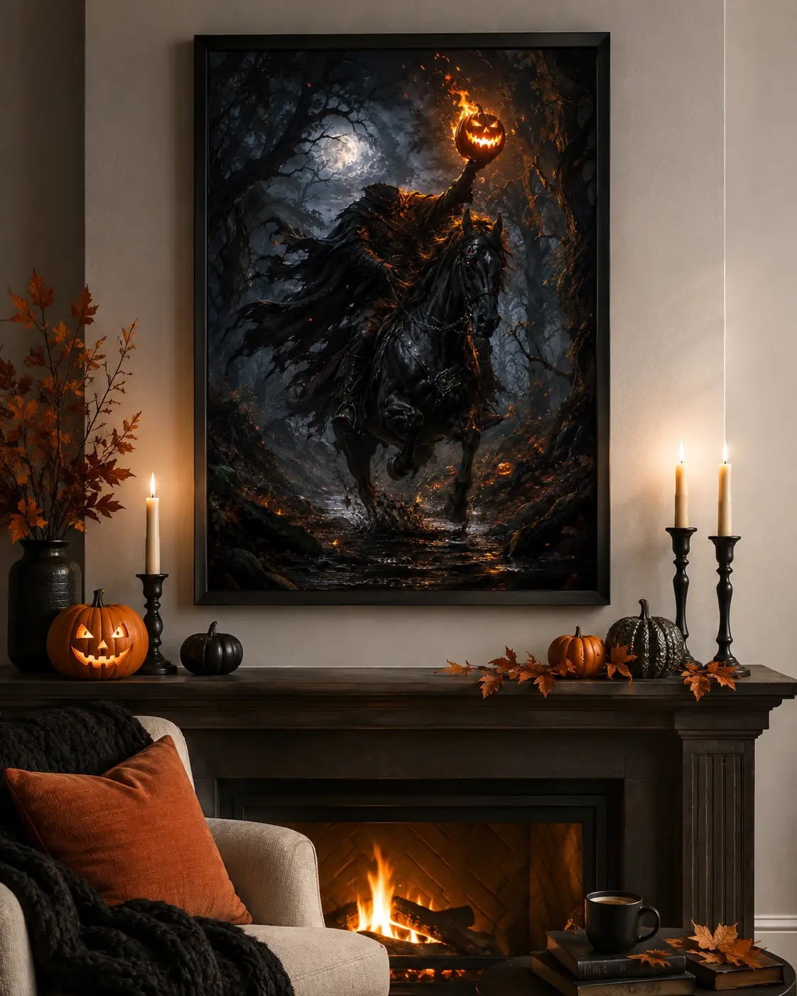 Headless Horseman Halloween Wall Art, Vintage Haunted Forest Pumpkin Poster, Sleepy Hollow Dark Academia Print, Spooky Gothic Fall Decor for Living Room Bedroom, Rustic Autumn Gift