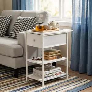 End Table with Shelves and Charging Station, Flip Top Side Table with USB Ports and Outlets, Bedside Table
