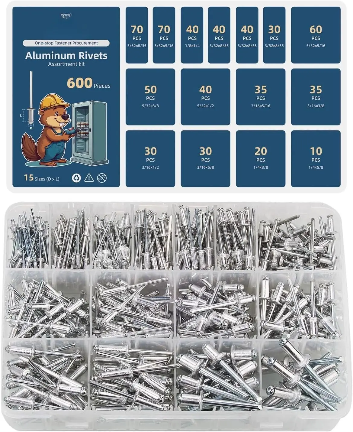 600 count Rivets,  15 Size  Pop Rivets Assortment Kit,  Pop Rivet Set including 3/32" 1/8" 5/32" 3/16" 1/4"