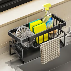 Kitchen sink storage rack, Dish drying organiser, with towel rack, heavy metal sponge rack, dishwashing liquid storage box and self-draining tray, no punching installation, space-saving under the sink, suitable for restaurants, easy-to-clean