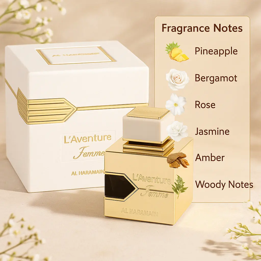 Al Haramain L'Aventure Femme3.33 oz EDP Spray Floral Citrus Sweet Fragrance with Pineapple Bergamot Rose Jasmine Amber Woody Notes Elegant Scent