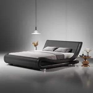 SHA CERLIN Upholstered Sleigh Bed Frame (Frame Only, No Mattress) - Low Profile with Faux Leather Adjustable Curved Upholstered Headboard, No Box Spring Needed, King/Queen Furniture, Summervibes Gift, Adjustable Upholstered Headboard