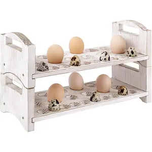 Wooden Egg Holder 2 Layer Fresh Egg Rack Holders Countertop Stackable Quail Egg Sorter Storage Trays Organizer Display Stand Kitchen Rack, Fits Duck, Turkey, Chicken Eggs,up to 36 Eggs, 2 Tier-White
