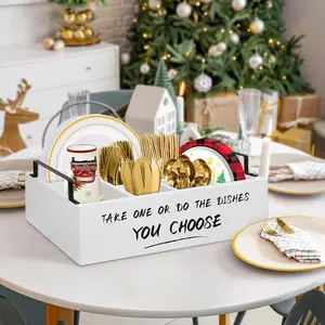 Flatware Organizers Paper Plate Dispenser with Handles, Paper Plate Holder for Kitchen Counter, Wood Rustic Silverware Utensil Caddy, White holiday multifunctional storage box non-food contact buy this multipurpose gift must have deal multi-function