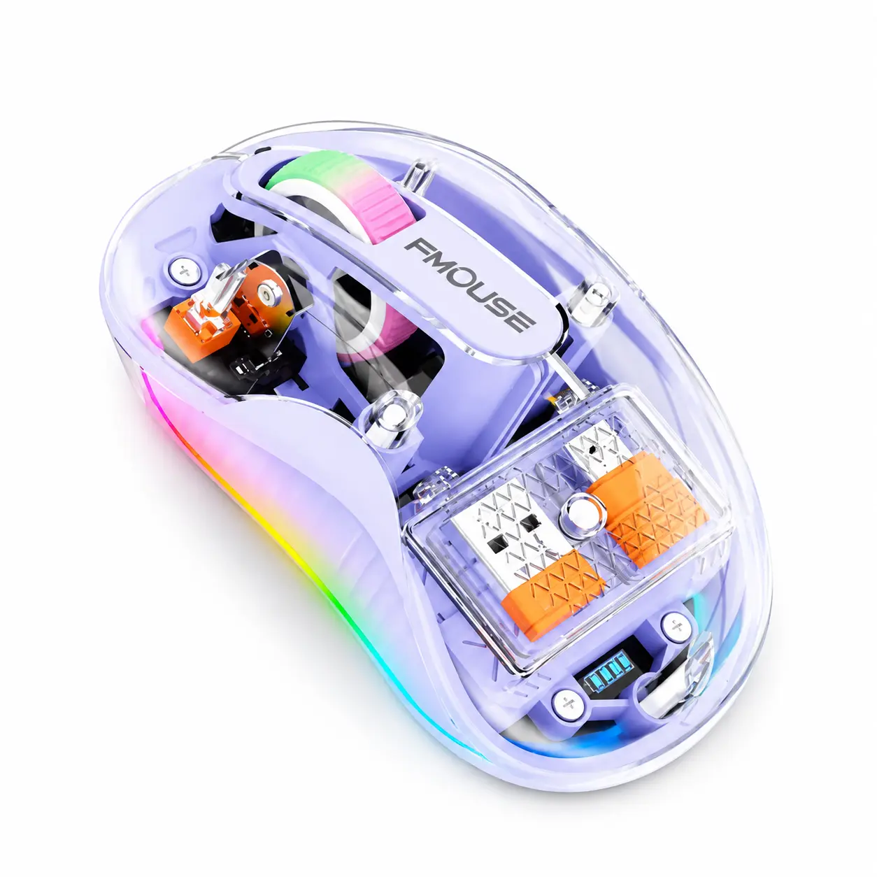 Luminous Transparent Ergonomic Wireless Mouse, Triple Mode Bluetooth Silent Charging Mouse, Removable Cute Rabbit Figure, Power Display, For Laptop & Tablet, Purple