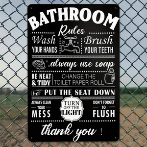 Tin Metal Sign Funny Bathroom Rules Wall Decor Wash Brush Flush Light Rustic Farmhouse Restroom Art Home Office Restaurant School Iron Artwork