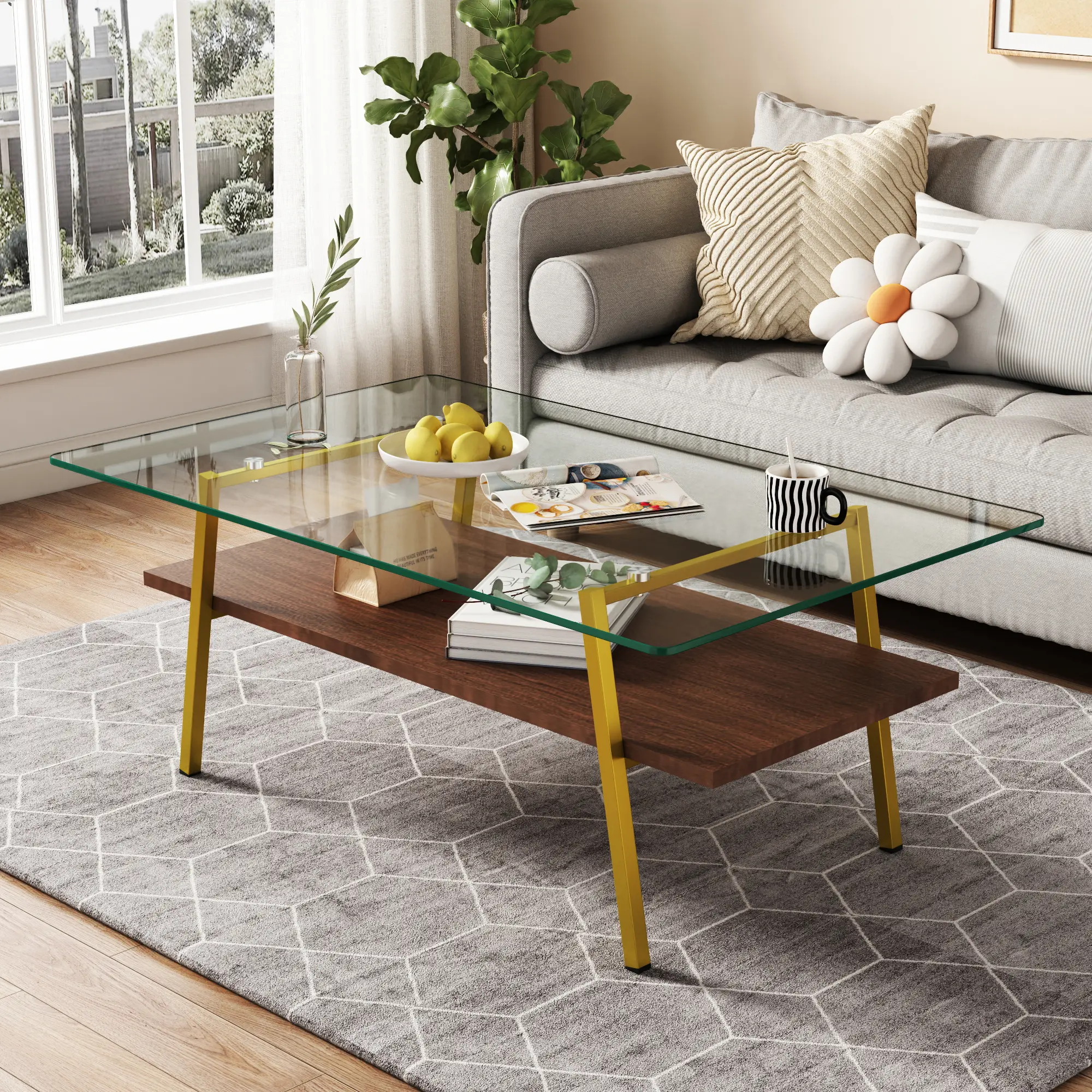 Minimalist Rectangle Coffee Table with Tempered Glass Top, Gold Metal Frame, Storage Shelf for Living Room Indoor Furniture