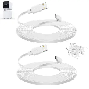 10 ft Cable for WYZE Cam Pan v3 Camera, Long Micro USB Flat Power Cord, 90 Degree 2-Pack, White - High Quality Connector Security