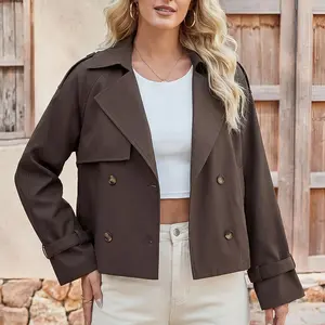 Trendy Women's Cropped Trench Coat Lightweight Double Breasted Daily Casual Jacket
