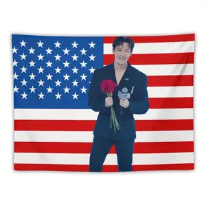 60in x 40in   funny tapestry poster home decor banner Vibrant] Stray Band Youngsters Bang Singer Chan American Flag Wall Tapestry - Microfiber Knit Fabric, Horizontal Design, No Electricity Needed, Patriotic Home Decor
