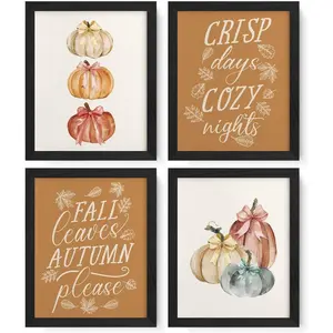 Fall Themed Unframed Painting, 4 Counts/set Pumpkin & Maple Leaves & Letter Pattern Wall Art Poster, Wall Art Decor for Home Living Room Bedroom, Halloween