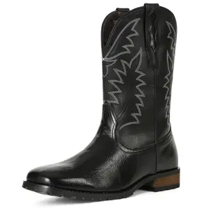 VIMISAOI Mid Calf Boots for Men Square Toe Cowboy Booties Classic Embroidered Pull On Chunky Heeled Boots Western Summer Shoes