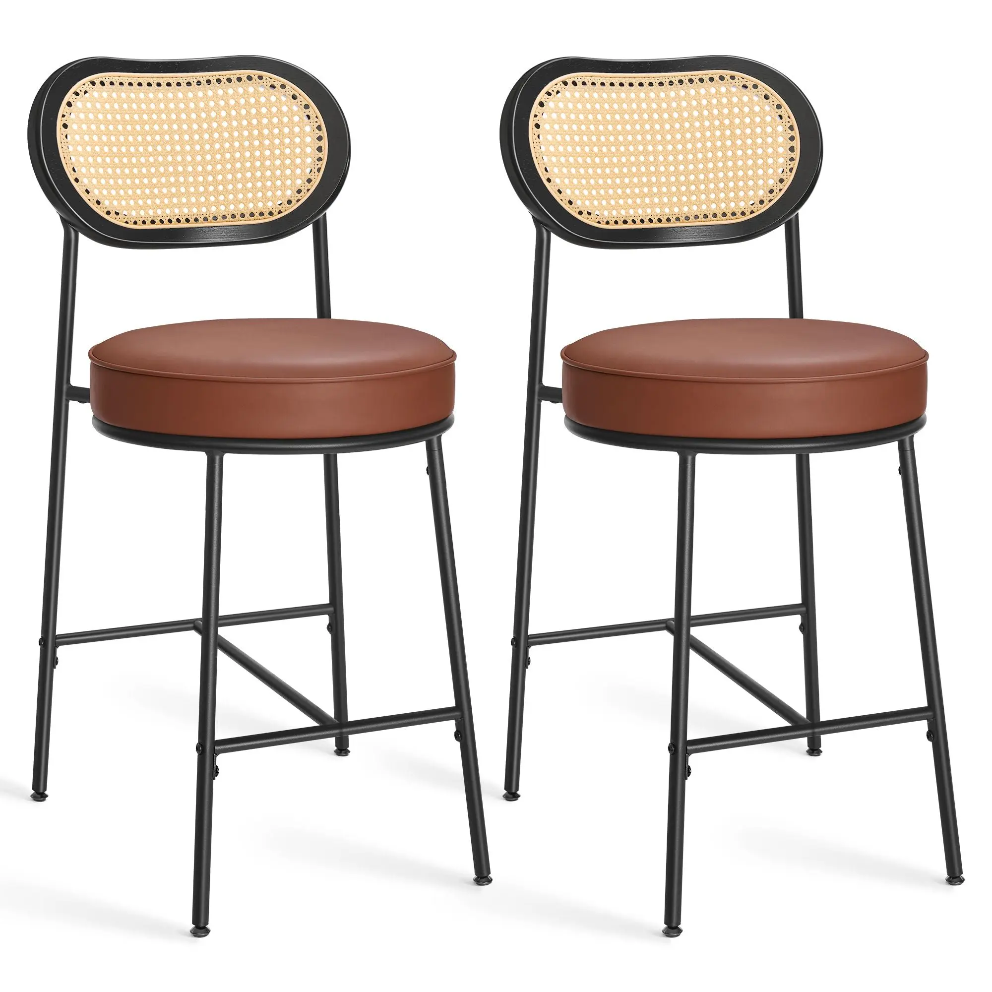 VASAGLE Set of 2 Counter Height Bar Stools, PE Rattan Weave Back, Round Seat with Swivel Legs, Swivel Feet