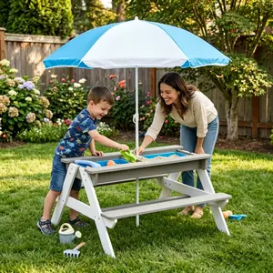 3-in-1 Outdoor Wooden Picnic Table With Umbrella, Convertible Sand & Wate, Gray ASTM & CPSIA CERTIFICATION outdoorfun
