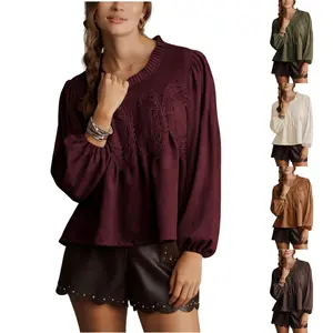 Kingapril Women's Lace-Detail Suede Flared Blouse Long Sleeve Crew Neck Swing Babydoll Tops Elegant Intricate Mesh Loose Shirts